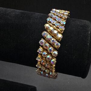 Japan Aurora Borealis Rhinestone Stretch Bracelet Accordion Link Vintage Jewelry